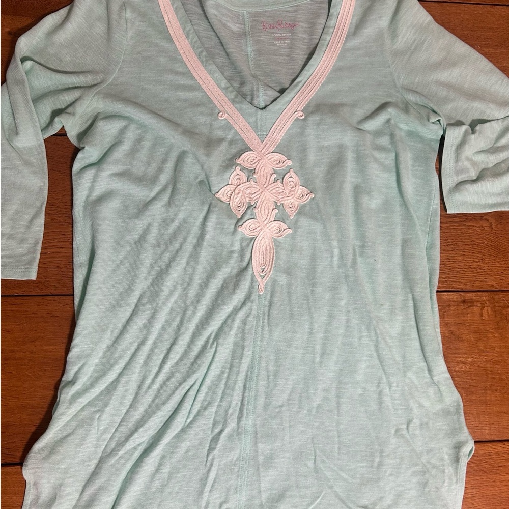 Lilly Pulitzer Light Green Tunic with Pink Embroidery